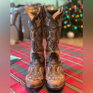 WORN 1x size 7 1/2 Corral, Brown on tan, all leather, 1 1/4” heel, Cowboy boots